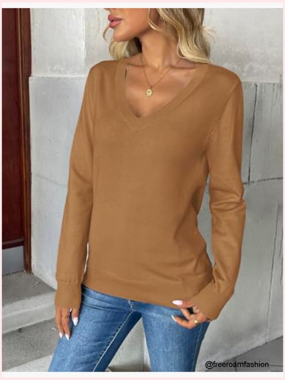 V Neck Lightweight Ribbed Knit Pullover Long Sleeve Casual Sweater Tops - Picture 2 of 7